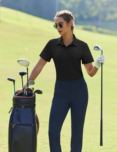Vista 6 de PINSPARK Polo de golf de 4 botones para mujer, UPF 50+, secado rápido, atlético, camiseta de tenis con cuello, ajuste relajado