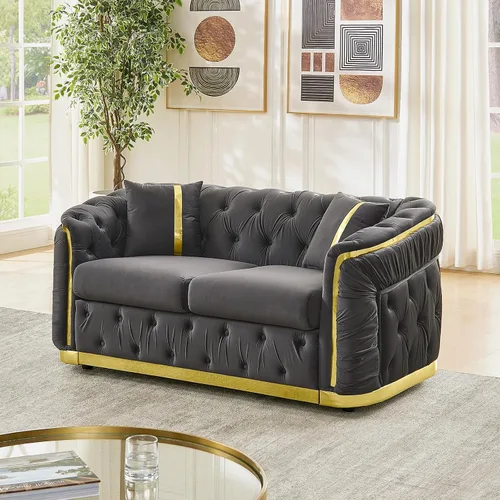 Vista 11 de Sofá Chesterfield de 62.6 pulgadas, moderno de mediados de siglo, sofá de terciopelo blanco beige y dorado, sofás de lujo para sala de estar
