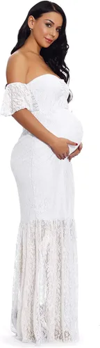Vista 3 de ZIUMUDY Vestido largo para mujer, con hombros descubiertos, manga con volantes, encaje y sirena, para baby shower, vestido de fotografía