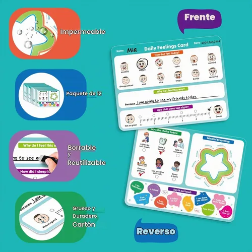 Vista 5 de Aizweb Big Feelings - Paquete de 12 tarjetas flash de emociones de borrado en seco de 9 x 12 pulgadas con habilidades de afrontamiento, tabla