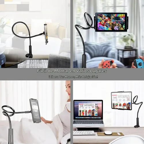 Vista 5 de Soporte de clip 2 en 1 para teléfono celular y tableta con abrazadera flexible de cuello de cisne de brazo largo para iPad, iPhone, Switch, Kindle