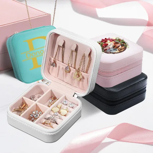 Vista 6 de Joyero personalizado con nombre, joyero de viaje portátil personalizado, organizador de joyas de cuero, cajas de dama de honor, boda, regalo