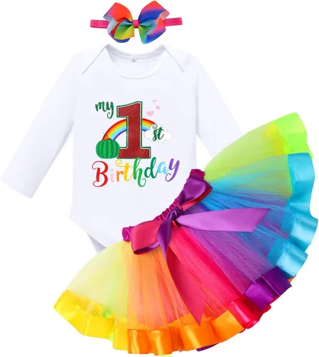 Vista 22 de IBAKOM Conjunto de ropa de 3 piezas para bebé niña de 1er cumpleaños + tutú de tul de princesa arcoíris + diadema con lazo, conjunto de ropa de 3