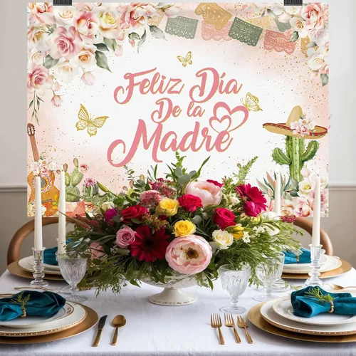 Vista 4 de MEHOFOND Fondo de feliz día de la madre, decoración mexicana para el Día de la Madre, fondo floral rosa para cabina de fotos, cartel de fiesta