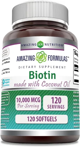 Vista 3 de Amazing Formulas Biotina con suplemento de aceite de coco orgánico extra virgen, 10000 Mcg, cápsulas blandas, sin OMG, sin gluten, fabricado