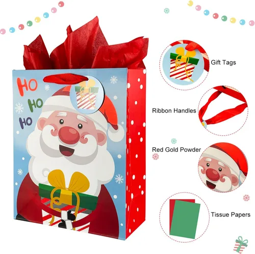 Vista 5 de GITMIWS Paquete de 12 bolsas de regalo de Navidad con papel de seda, bolsa de regalo de papel de Navidad grande de 12.6 pulgadas para regalos