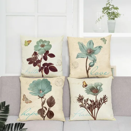 Vista 5 de Juego de 4 fundas de almohada decorativas con diseño floral, fundas de almohada lumbares de algodón y lino con hojas de loto, fundas de almohada