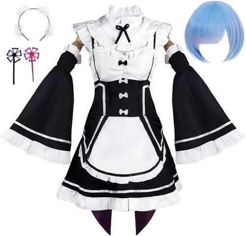 Vista 6 de Okazaki Rem Ram Re Zero - Disfraz de sirvienta con peluca