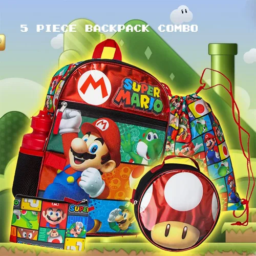 Vista 7 de Super Mario - Mochila con bolsa de almuerzo desmontable de 16 pulgadas, juego de 5 piezas, Color múltiple, Mochila