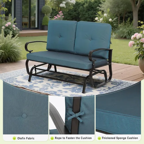 Vista 7 de Banco al aire libre para patio, mecedora de 2 asientos, mecedora de hierro forjado para patio exterior con cojín (azul)