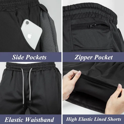 Vista 3 de Pantalones cortos de correr para hombre 2 en 1 de malla para gimnasio, entrenamiento, deportes, pantalones cortos atléticos para hombres