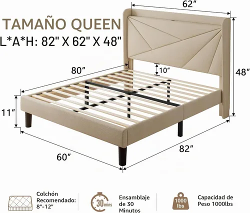 Vista 2 de iPormis Base de cama tamaño Queen con estación de carga, marco de cama de plataforma de lino con cabecera tapizada con respaldo de ala, soporte