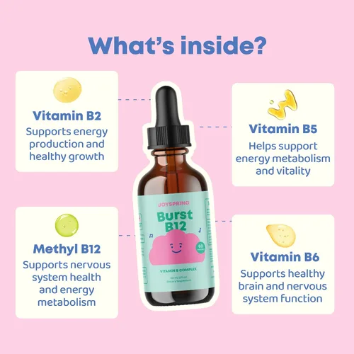 Vista 2 de JoySpring Burst B12 Drops - Complejo de vitamina B para niños con suplemento de metil B12 para apoyar el crecimiento y desarrollo saludables, gotas
