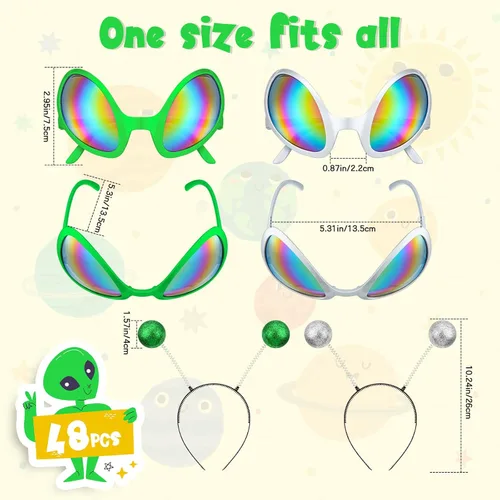Vista 6 de 48 Pcs Alien Glasses and Headband Set Alien Rainbow Lens Sunglasses Glasses Boppers Antenna Glitter Martian Headband