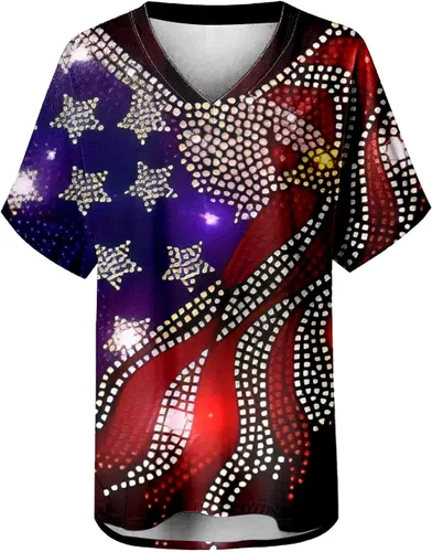 Vista 5 de Tuianres Patriotic Shirts for Women Independence Day T-Shirts Tops Short Sleeve V Neck Loose 4th of July Patriotic Tees