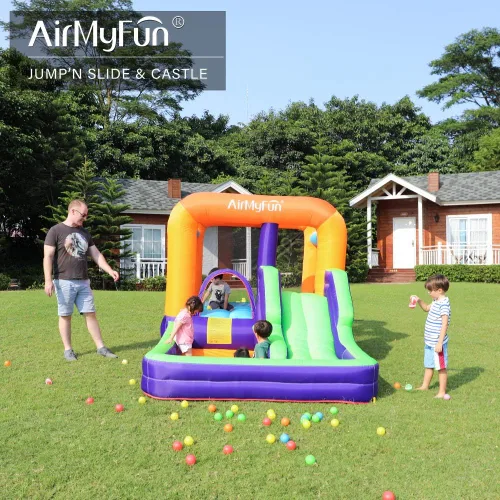 Vista 7 de AirMyFun Casa inflable para rebotar, gorila de obstáculos y tobogán con soplador de aire (estilo morado)