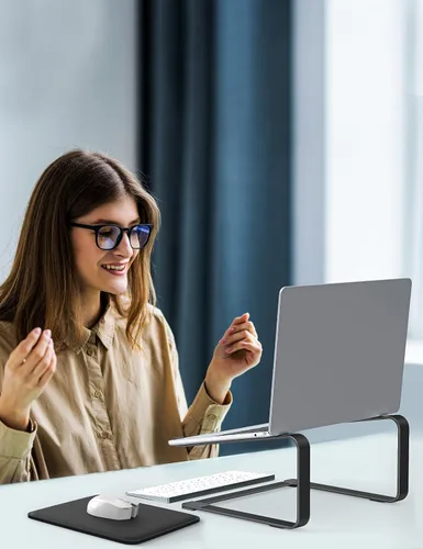 Vista 7 de SOUNDANCE Soporte de computadora portátil para escritorio, elevador ergonómico de metal para portátiles de 12 a 17.3 pulgadas, soporte de escritorio