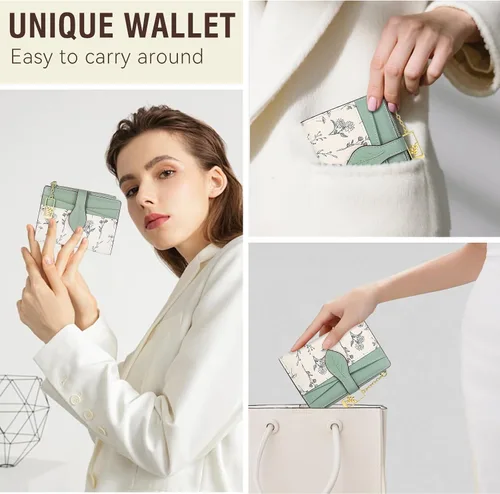 Vista 6 de Carteras para mujer - Bloqueo RFID - Pequeña billetera con flores, cuero PU suave, plegable, bolsillo con cremallera para monedas, tarjetero