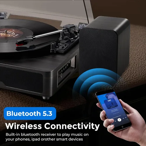Vista 3 de VANGOA Tocadiscos de vinilo, tocadiscos de 3 velocidades con receptor Bluetooth, altavoces estéreo integrados, color negro