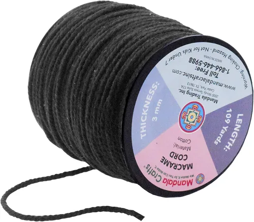 Vista 3 de Mandala Crafts Cordón de macramé negro de 3 hilos de 3 hebras de algodón torcido suministros de macramé - Cuerda de macramé de algodón de 109 yardas