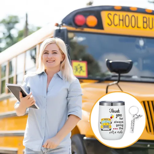 Vista 6 de Rtteri 2 piezas de regalos de agradecimiento al conductor de autobús escolar, regalo para mujeres y hombres, vaso de 12 onzas con tapa y pajita