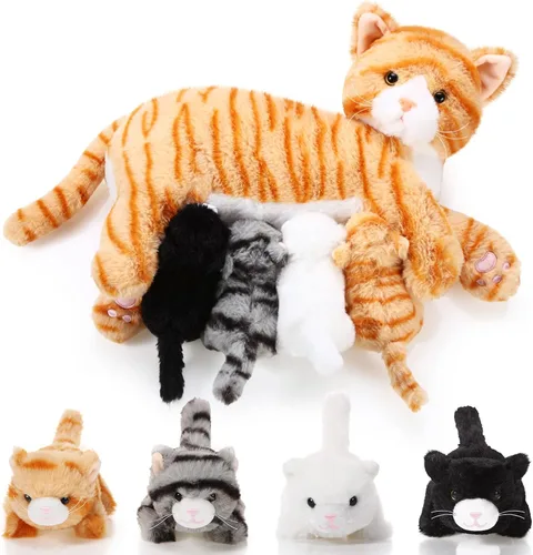 Vista 9 de Skylety Animal de peluche Nurturing con 4 gatitos de peluche, gatos de peluche para niñas y niños, mamá gatita de peluche con gatitos para regalos