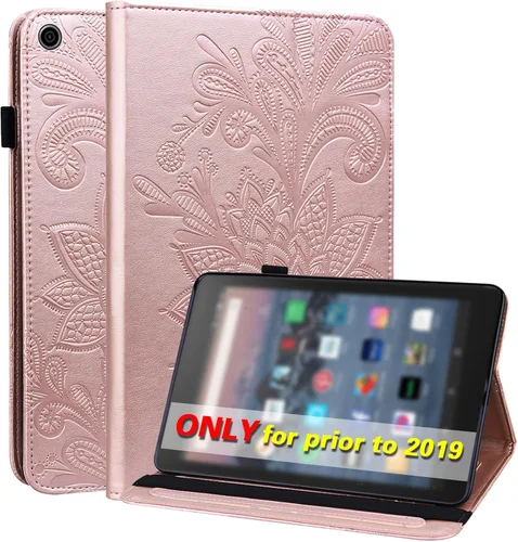 Vista 17 de Amazon Kindle Fire HD 8 8ª/7ª/6ª generación 2016/2017/2018, diseño de flores de encaje en relieve de piel sintética, a prueba de golpes, con soporte