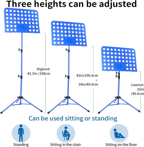 Vista 2 de lotmusic Soporte de música azul, soporte portátil para partituras, soporte de música plegable y ajustable en altura con bolsa, clip de partitura