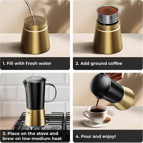 Vista 9 de Cafetera de acero inoxidable Moka Pot de 6 tazas (12 onzas líquidas), cafetera de estufa para inducción, estufas de gas y eléctricas, cafetera