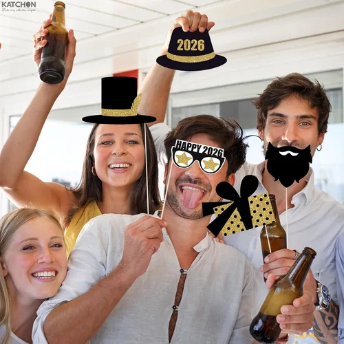 Vista 9 de KatchOn, Glitter New Years Photo Booth Props 2026 - Pack of 30 Gold and Black New Years Eve Photo Booth Props for Happy New Year Decorations 2026