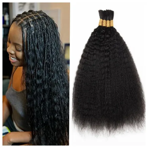 Vista 11 de Cabello humano rizado lacio, trenzado, sin trama, 3.53 oz (1 paquete-4 unidades), cabello humano liso Yaki a granel para trenzas Bohe, cabello micro