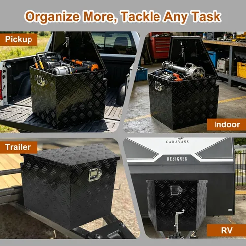 Vista 6 de Caja de herramientas de aluminio chapada en negro de 29 pulgadas, caja de herramientas impermeable con cerradura y llave para caravanas