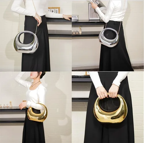 Vista 3 de Bolso metálico con forma de luna, bolso de acrílico para fiesta, banquete, bolsa de noche para mujer, bolsa de luna metálica