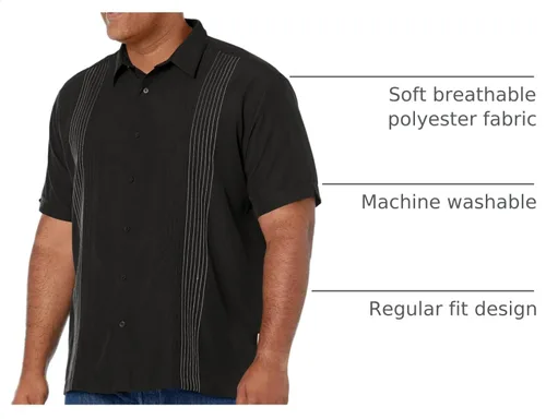 Vista 4 de Cubavera Camisa de manga corta con botones para hombre, diseño a rayas, cuello de punto, suave al tacto Negro
