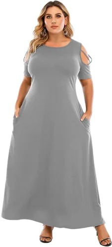 Vista 4 de LAPA Women's Plus Size Cold Shoulder Maxi Dress, Short Sleeve Casual Loose Long Dresses with Pockets