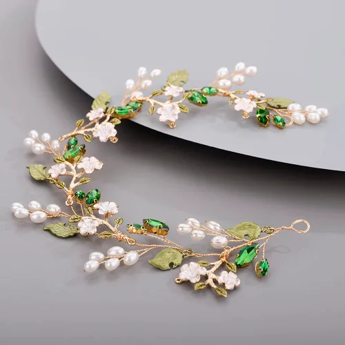 Vista 5 de Diadema de flores lindas para novia, dama de honor, hoja verde, pedazo de pelo de cristal, cuentas de vid