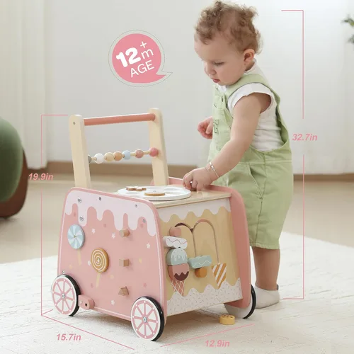 Vista 4 de Caminador de bebé de madera, juguete de actividad con carro de helados multifuncional para aprender a empujar y caminar con ruedas, juego