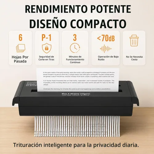 Vista 2 de Trituradora de papel compacta de corte en banda, capacidad de 6 hojas, nivel de seguridad P-1, funcionamiento continuo de 3 minutos, 4 modos