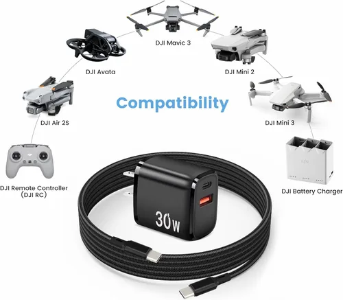 Vista 2 de Cargador rápido USB C PD de 30 W para DJI Neo, Mini 4K, 4 Pro, Air 3S Drones, negro Cargador de pared USB de doble puerto + tipo C con cable