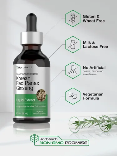 Vista 5 de Horbäach Ginseng rojo coreano Extracto líquido de 2 onzas líquidas Panax Ginseng Suplemento vegetariano, sin OMG, sin gluten