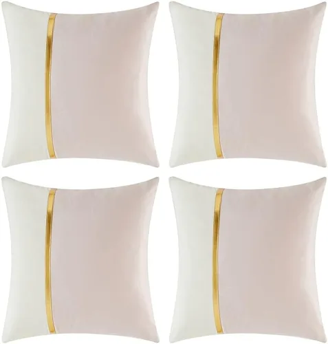 Vista 10 de Fancy Homi Paquete de 4 fundas de almohada decorativas para sala de estar, sofá cama, retazos de terciopelo con cuero dorado, decoración moderna