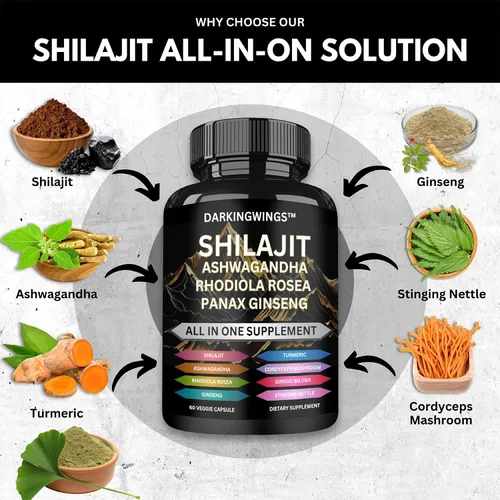 Vista 3 de 8 en 1 Shilajit 9000 Panax Ginseng 1500 MG Ashwagandha 2000 MG Rhodiola Rosea 1000MG, cúrcuma 500 MG, Gingko Biloba 500 mg, ortiga escozante 250 MG