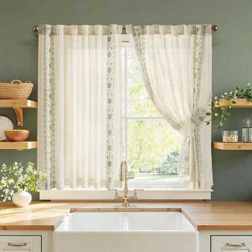 Vista 22 de jinchan Cortinas de lino floral beige para cocina, 24 pulgadas, 2 paneles A Beige