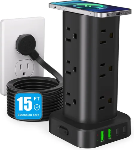 Vista 9 de Regleta de alimentación con cargador inalámbrico, protector de sobretensiones de enchufe plano con cable de extensión de 6 pies, 12 tomas