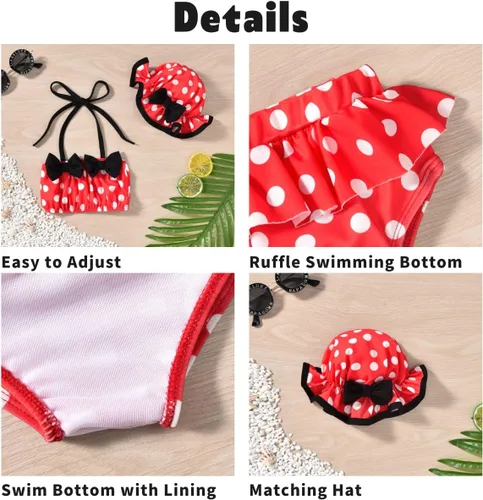 Vista 2 de Aalizzwell Conjunto de bikini de 3 piezas para niñas pequeñas con sombrero