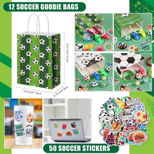 Vista 4 de Hiboom 110 recuerdos de fiesta de fútbol incluyen 12 bolsas de regalo, 12 silbatos, 12 borradores de bolas 3D, 12 llaveros, 12 pulseras de silicona