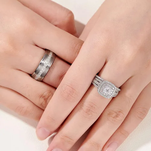 Vista 4 de Newshe Jewellery Juego de anillos de boda para él y ella, bandas de tungsteno AAAAA, circonita cúbica, 2.3 quilates, plata de ley 925, tamaño 5-13