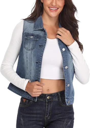 Vista 2 de MISS MOLY Chalecos de mezclilla rasgados para mujer, estilo clásico, sin mangas, con bolsillos con solapa