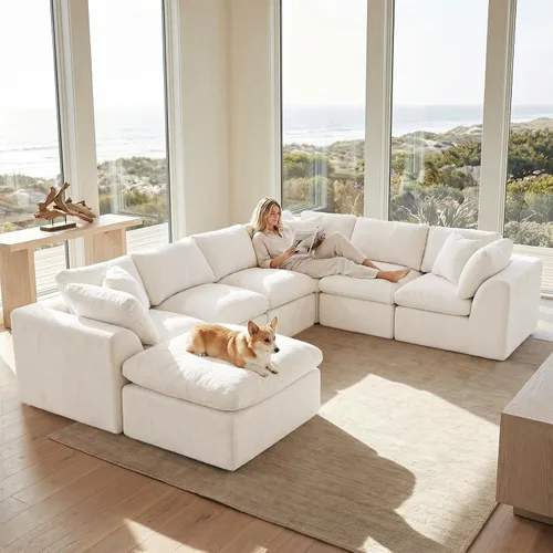 Vista 23 de Sofás de nube beige para sala de estar, sofá deshuesado de 4 plazas, sofá modular seccional, no requiere montaje, tapizado de chenilla, moderno