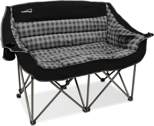 Vista 10 de Silla de campamento plegable doble totalmente acolchada, sofá de campamento de gran tamaño para 2 personas, sofá con soporte para tazas, soporte